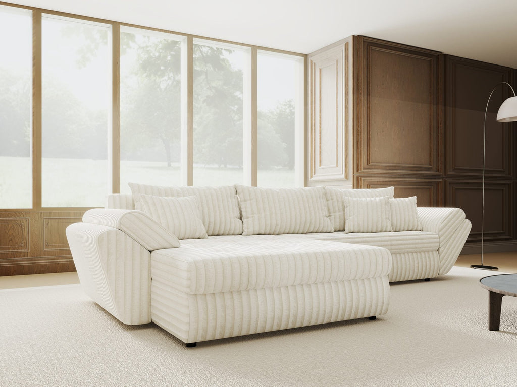 Colțar extensibil dumonde cu ladă de depozitare si sezut confortabil din spuma high-density, Loana Tilia Bej 270x185 cm