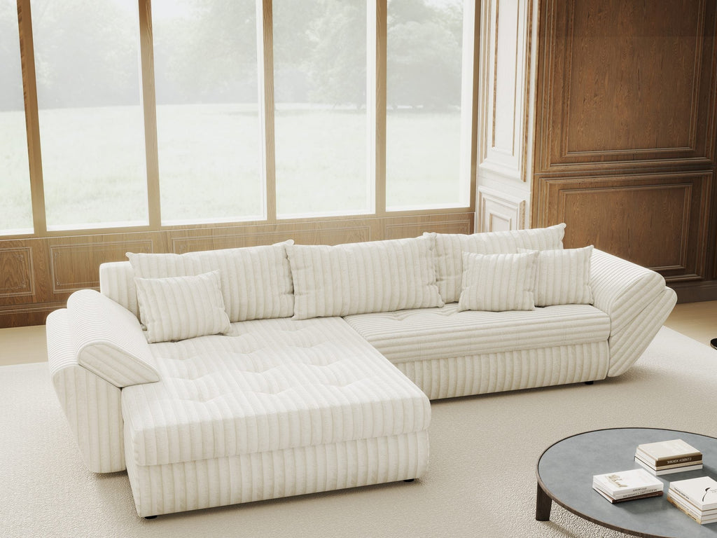 Colțar extensibil dumonde cu ladă de depozitare si sezut confortabil din spuma high-density, Loana Tilia Bej 270x185 cm