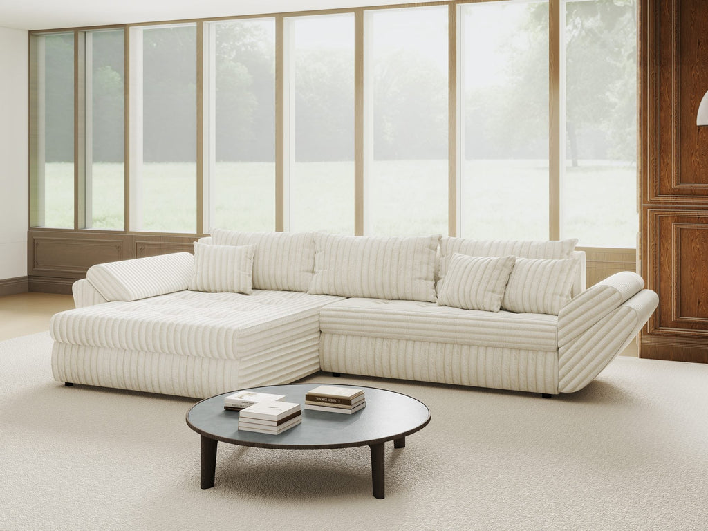 Colțar extensibil dumonde cu ladă de depozitare si sezut confortabil din spuma high-density, Loana Tilia Bej 270x185 cm