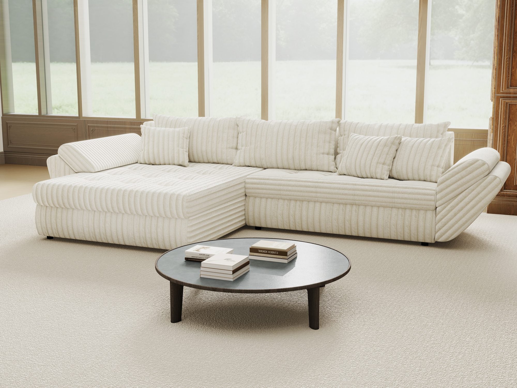 Colțar extensibil dumonde cu ladă de depozitare si sezut confortabil din spuma high-density, Loana Tilia Bej 270x185 cm