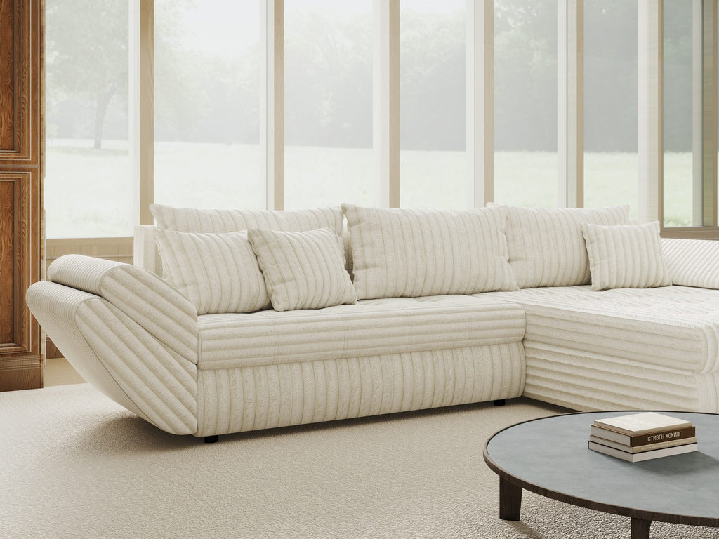 Colțar extensibil dumonde cu ladă de depozitare si sezut confortabil din spuma high-density, Loana Tilia Bej II 270x185 cm