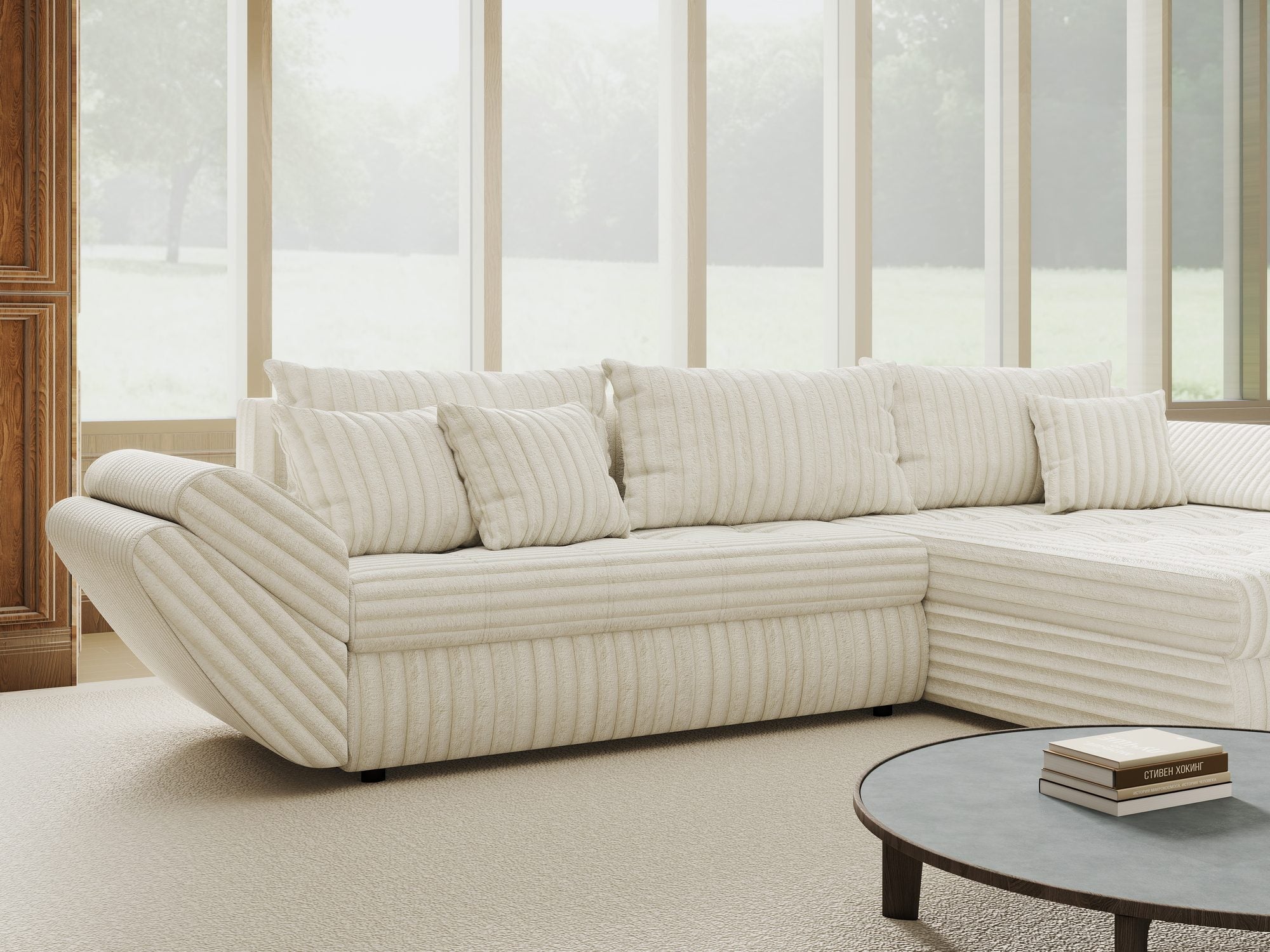 Colțar extensibil dumonde cu ladă de depozitare si sezut confortabil din spuma high-density, Loana Tilia Bej II 270x185 cm
