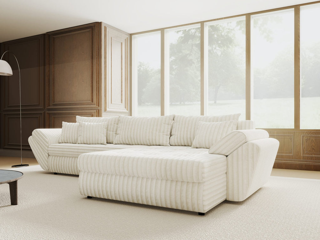 Colțar extensibil dumonde cu ladă de depozitare si sezut confortabil din spuma high-density, Loana Tilia Bej II 270x185 cm