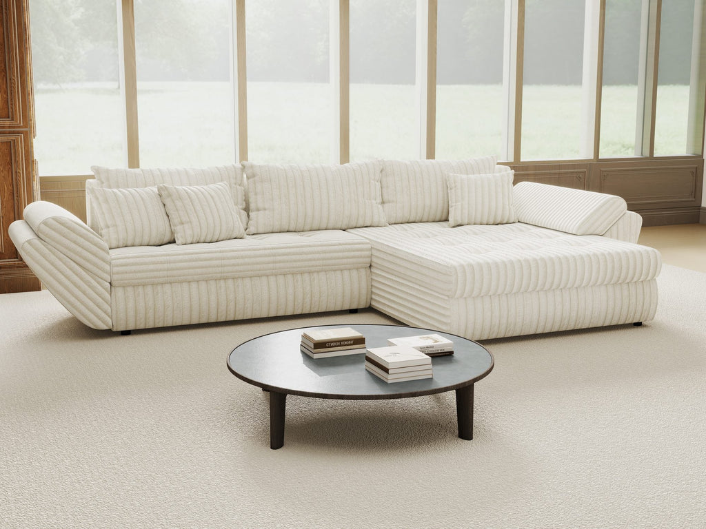 Colțar extensibil dumonde cu ladă de depozitare si sezut confortabil din spuma high-density, Loana Tilia Bej II 270x185 cm
