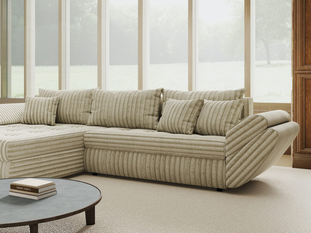 Colțar extensibil dumonde cu ladă de depozitare si sezut confortabil din spuma high-density, Loana Tilia Bej 270x185 cm