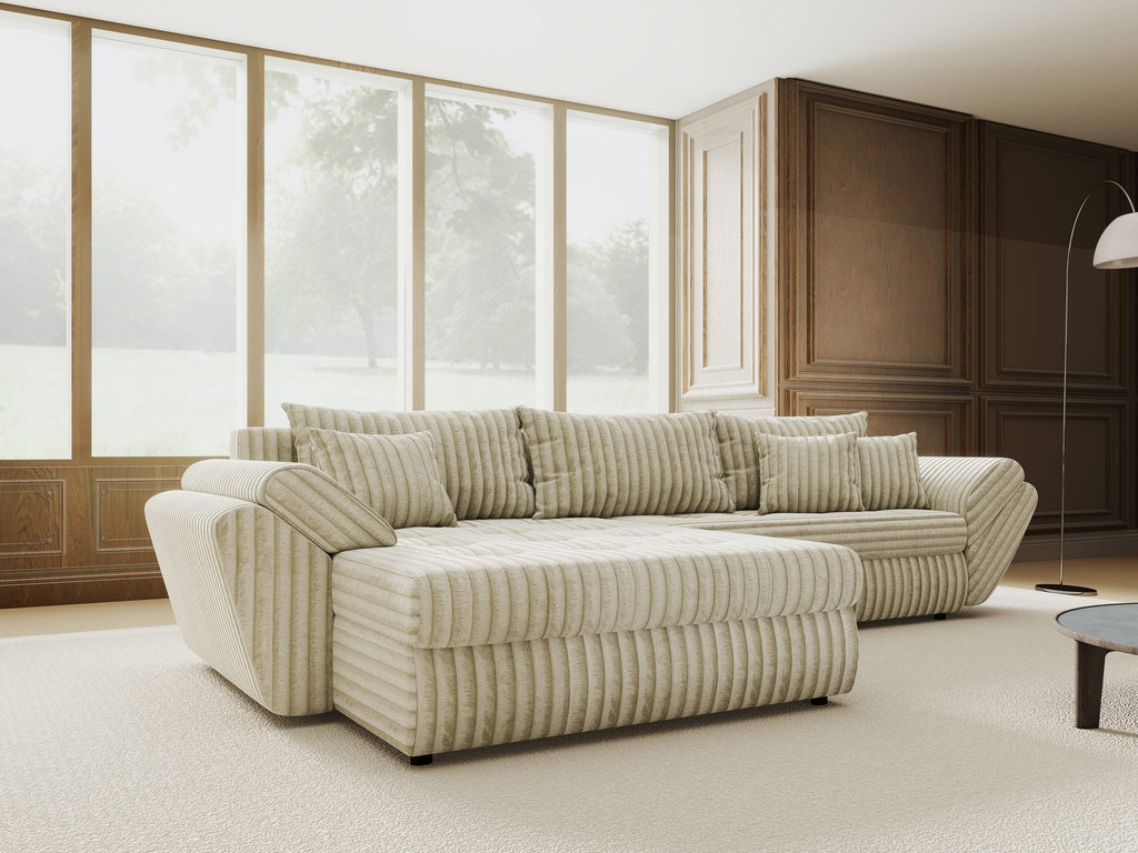 Colțar extensibil dumonde cu ladă de depozitare si sezut confortabil din spuma high-density, Loana Tilia Bej 270x185 cm