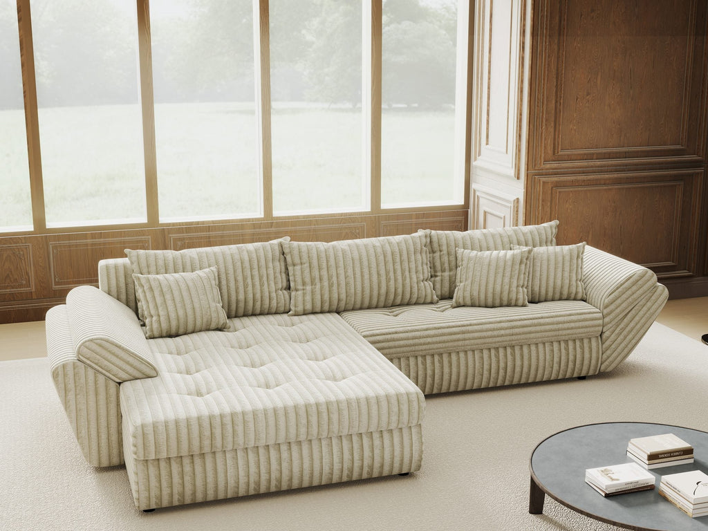 Colțar extensibil dumonde cu ladă de depozitare si sezut confortabil din spuma high-density, Loana Tilia Bej 270x185 cm