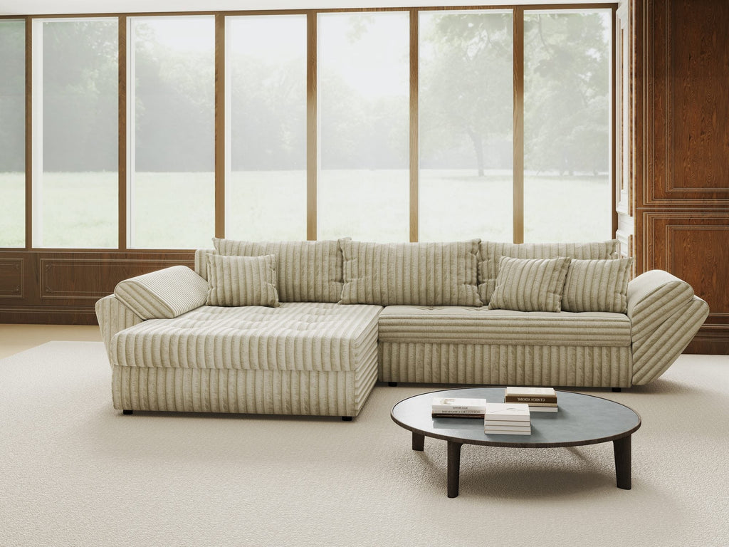 Colțar extensibil dumonde cu ladă de depozitare si sezut confortabil din spuma high-density, Loana Tilia Bej 270x185 cm