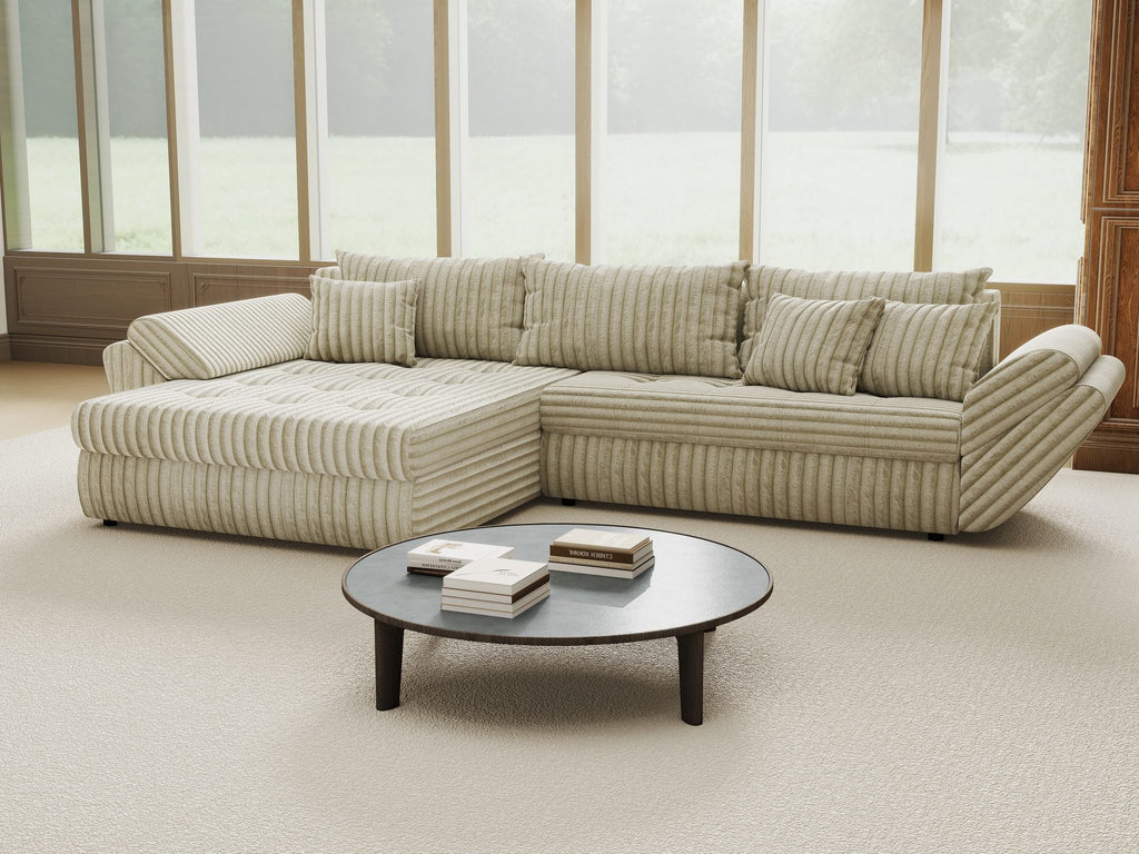 Colțar extensibil dumonde cu ladă de depozitare si sezut confortabil din spuma high-density, Loana Tilia Bej 270x185 cm