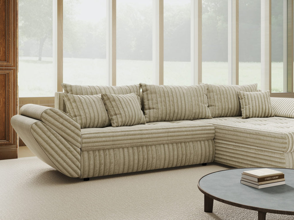 Colțar extensibil dumonde cu ladă de depozitare si sezut confortabil din spuma high-density, Loana Tilia Bej II 270x185 cm