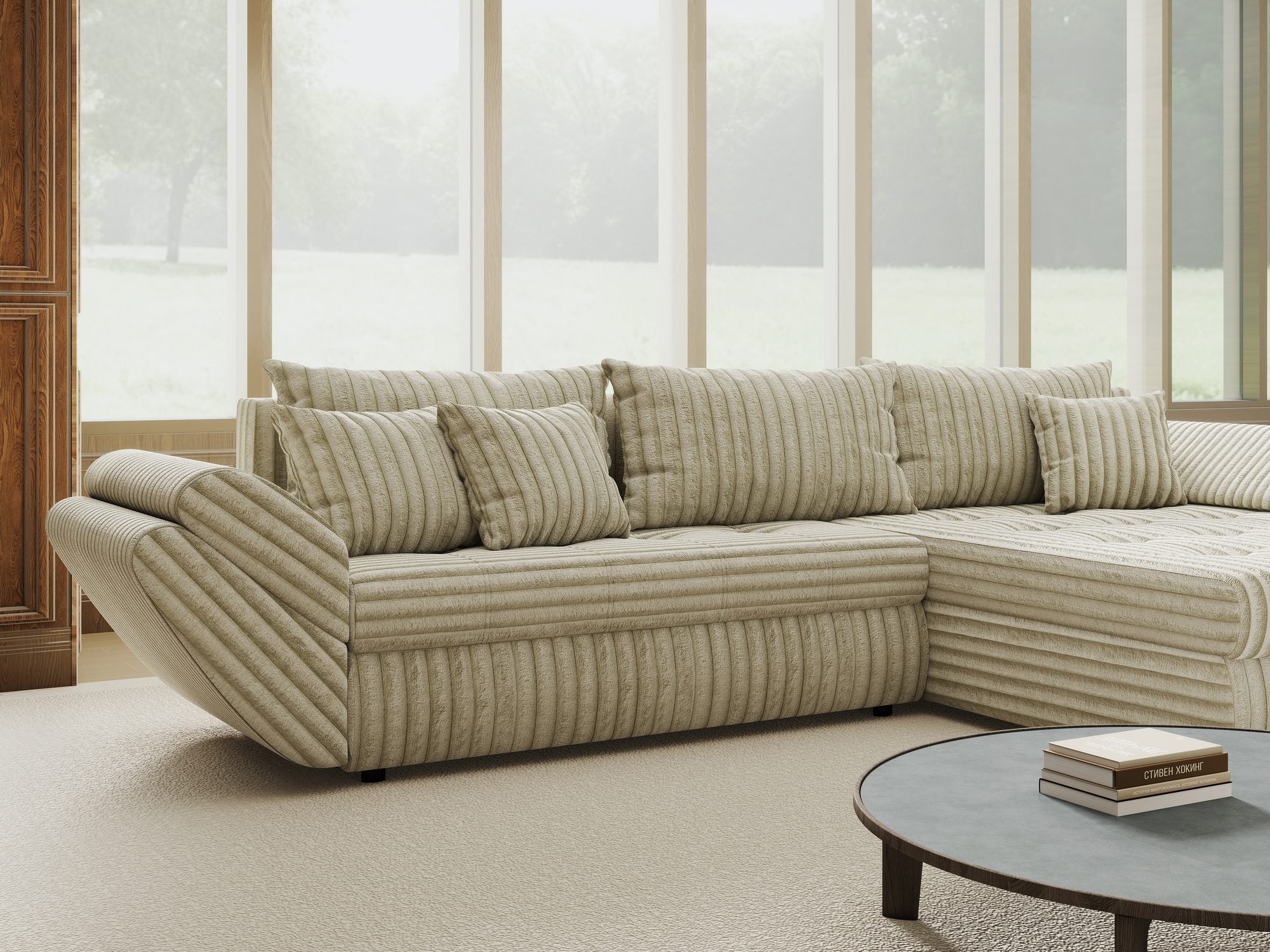 Colțar extensibil dumonde cu ladă de depozitare si sezut confortabil din spuma high-density, Loana Tilia Bej II 270x185 cm