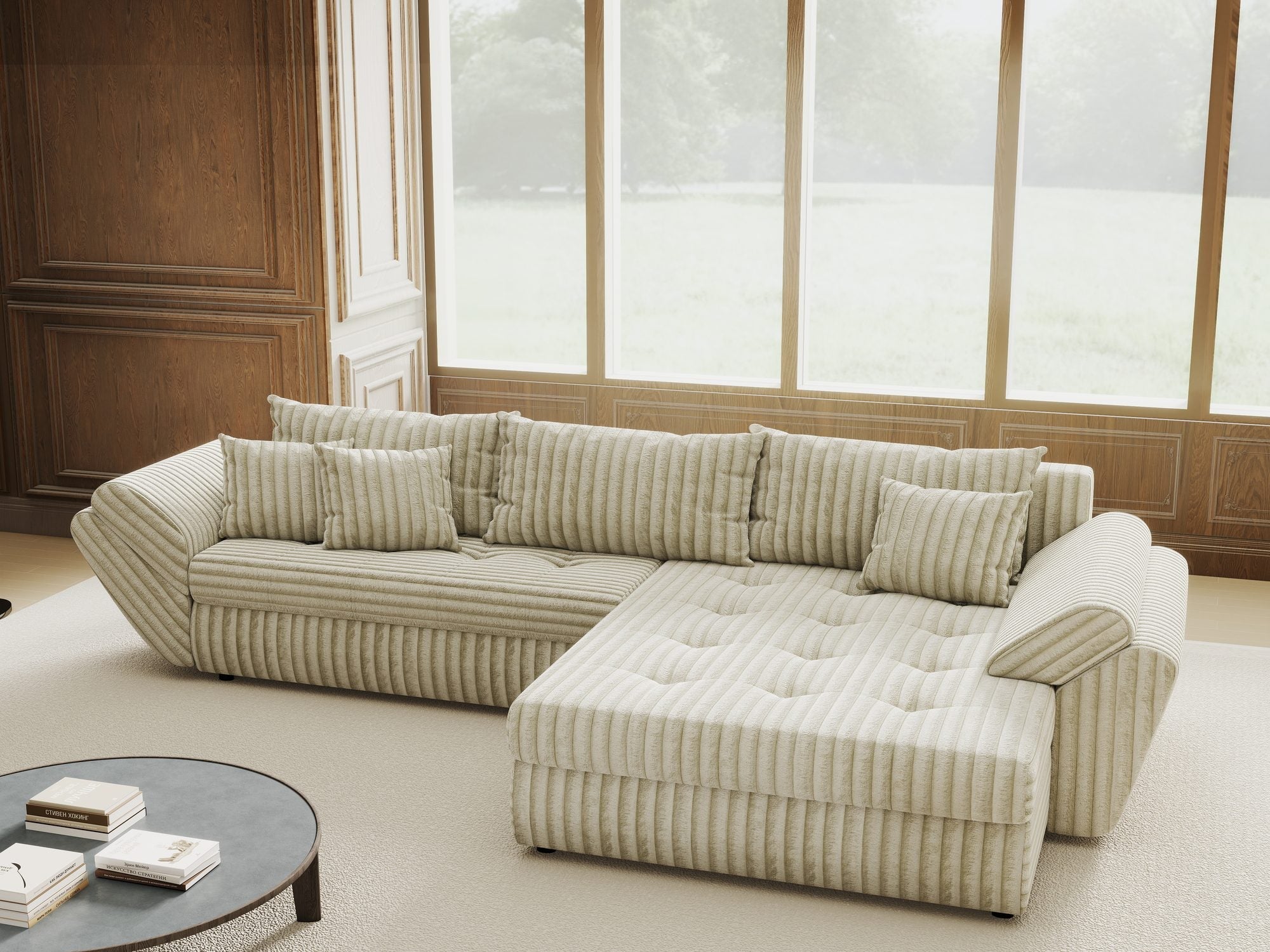 Colțar extensibil dumonde cu ladă de depozitare si sezut confortabil din spuma high-density, Loana Tilia Bej II 270x185 cm