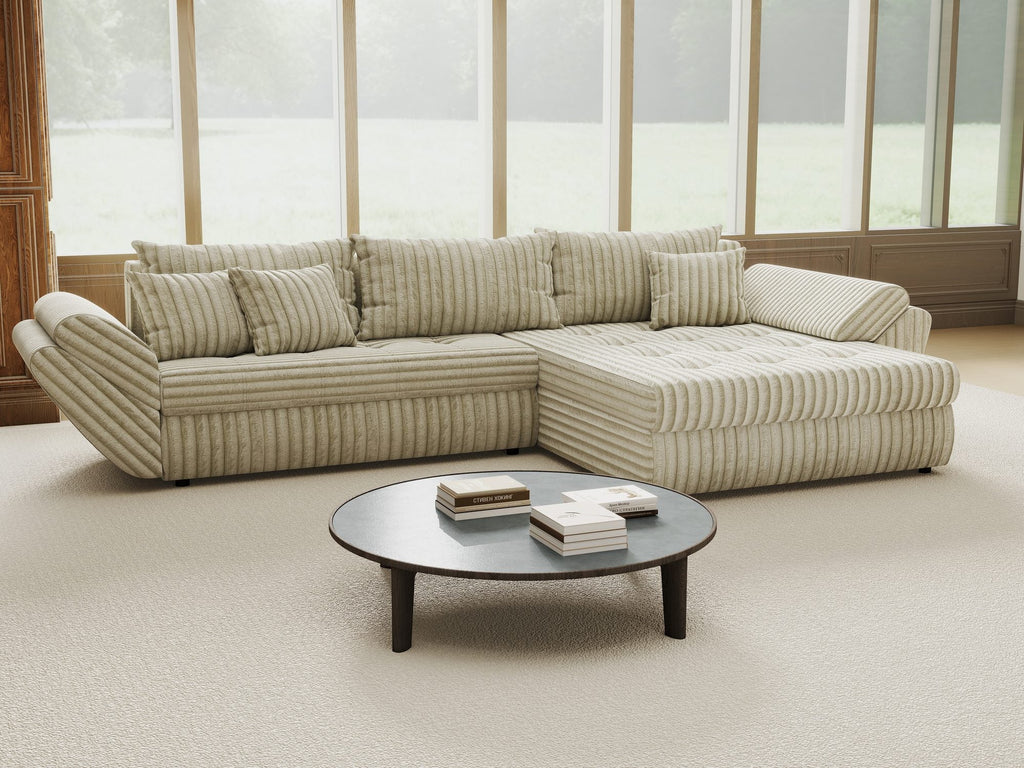 Colțar extensibil dumonde cu ladă de depozitare si sezut confortabil din spuma high-density, Loana Tilia Bej II 270x185 cm