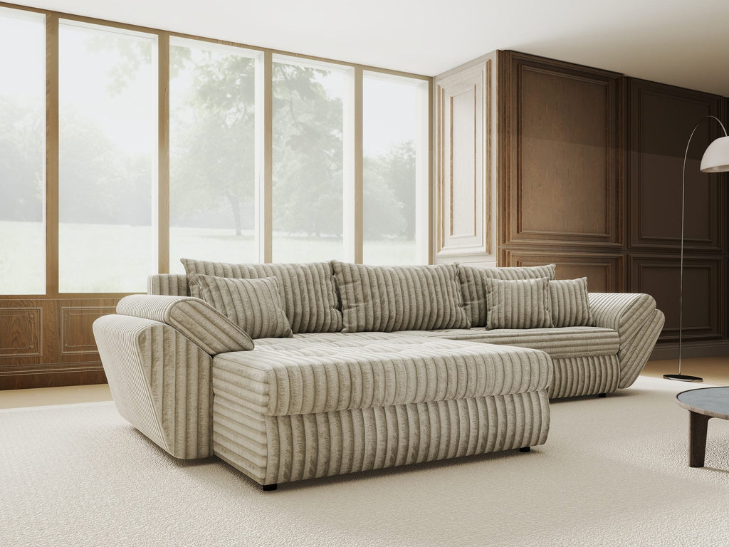 Colțar extensibil dumonde cu ladă de depozitare si sezut confortabil din spuma high-density, Loana Tilia Gri- bej 270x185 cm