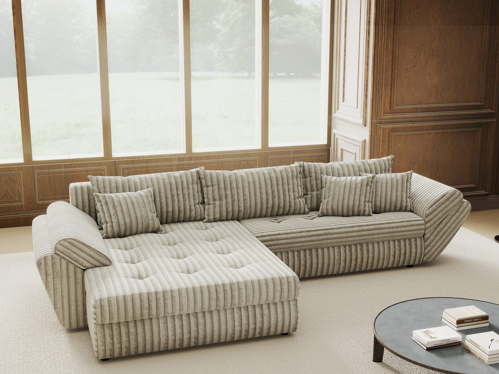 Colțar extensibil dumonde cu ladă de depozitare si sezut confortabil din spuma high-density, Loana Tilia Gri- bej 270x185 cm