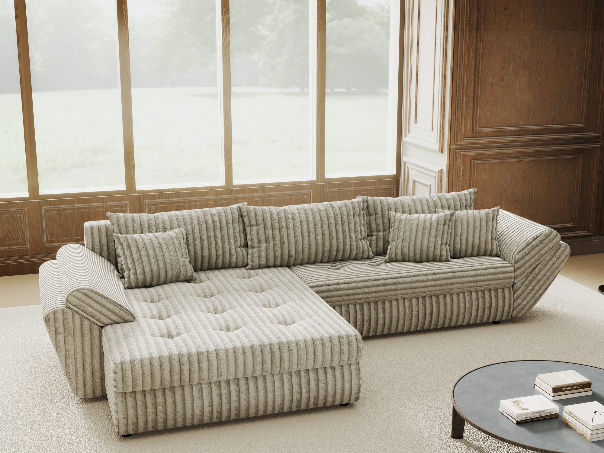 Colțar extensibil dumonde cu ladă de depozitare si sezut confortabil din spuma high-density, Loana Tilia Gri- bej 270x185 cm