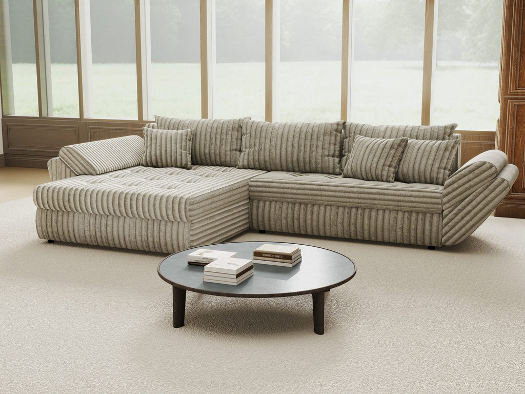 Colțar extensibil dumonde cu ladă de depozitare si sezut confortabil din spuma high-density, Loana Tilia Gri- bej 270x185 cm