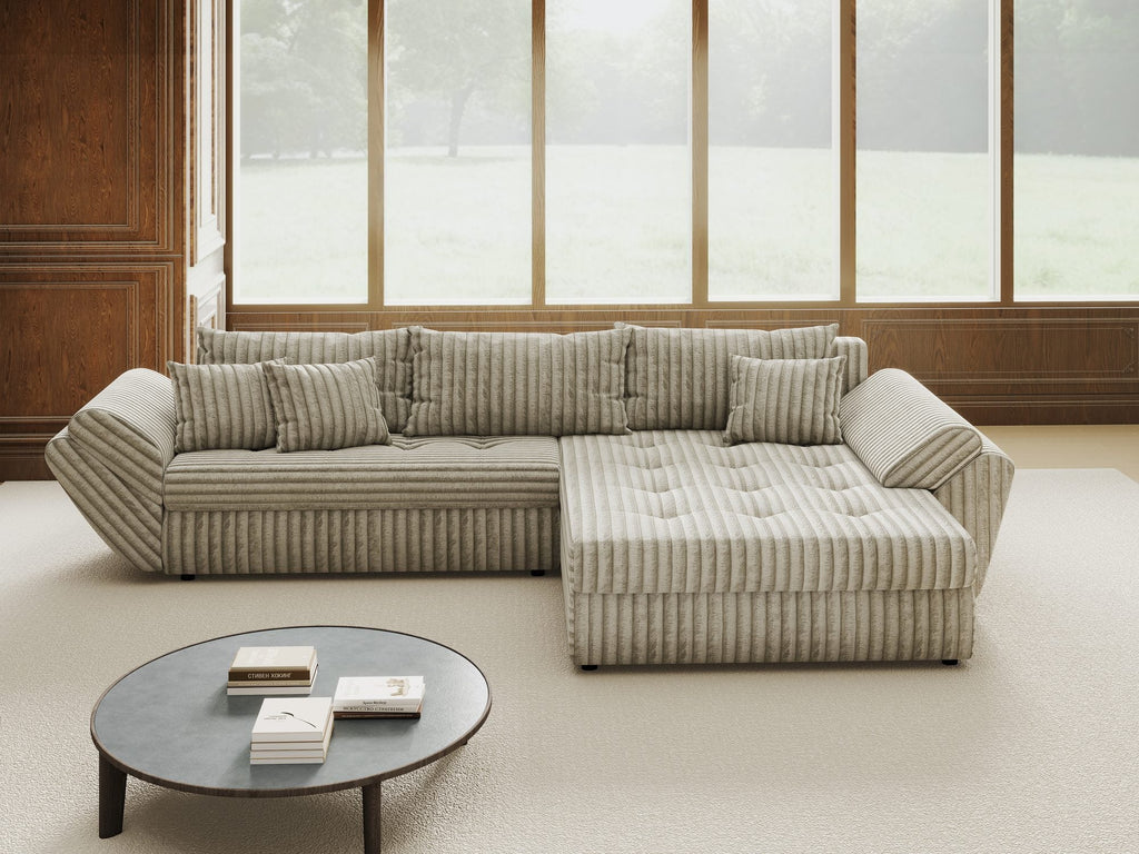 Colțar extensibil dumonde cu ladă de depozitare si sezut confortabil din spuma high-density, Loana Tilia Gri- bej II 270x185 cm
