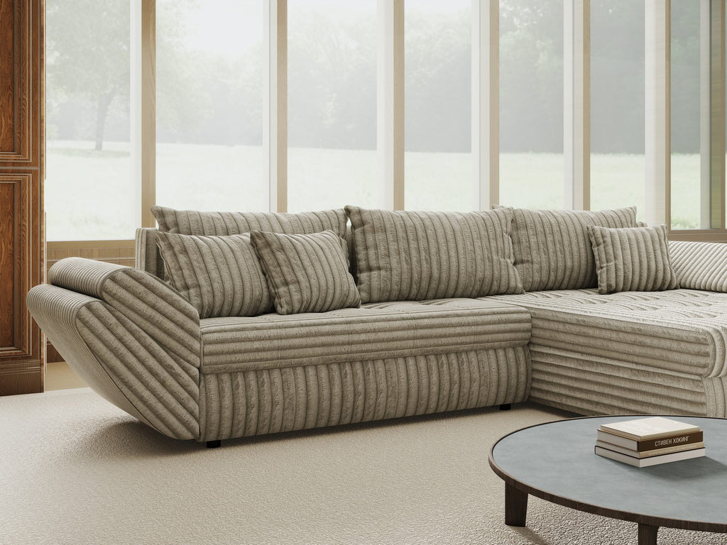 Colțar extensibil dumonde cu ladă de depozitare si sezut confortabil din spuma high-density, Loana Tilia Gri- bej II 270x185 cm