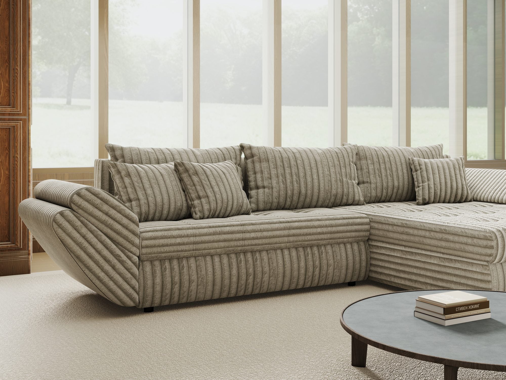 Colțar extensibil dumonde cu ladă de depozitare si sezut confortabil din spuma high-density, Loana Tilia Gri- bej II 270x185 cm