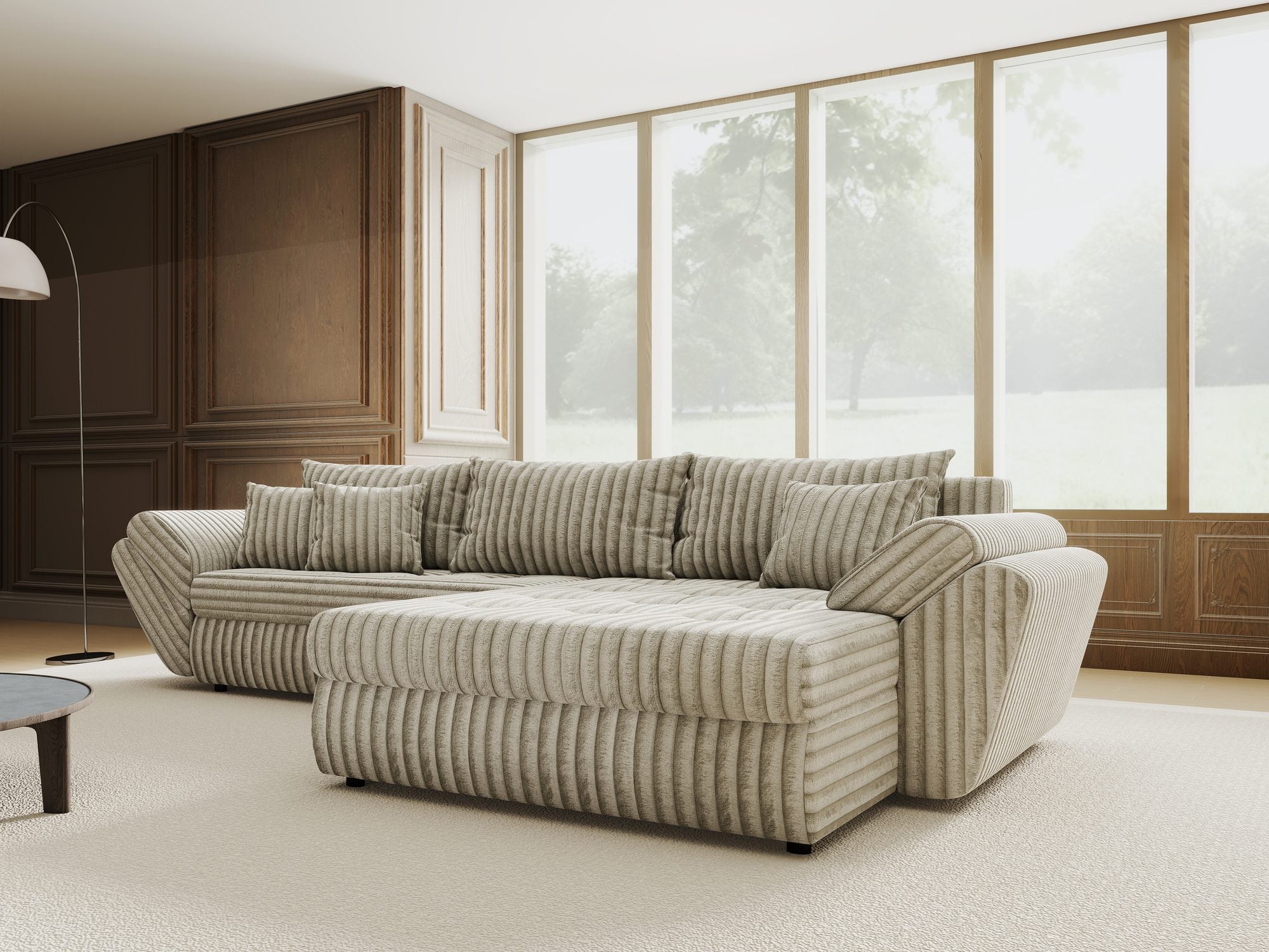 Colțar extensibil dumonde cu ladă de depozitare si sezut confortabil din spuma high-density, Loana Tilia Gri- bej II 270x185 cm