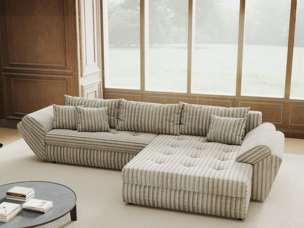 Colțar extensibil dumonde cu ladă de depozitare si sezut confortabil din spuma high-density, Loana Tilia Gri- bej II 270x185 cm