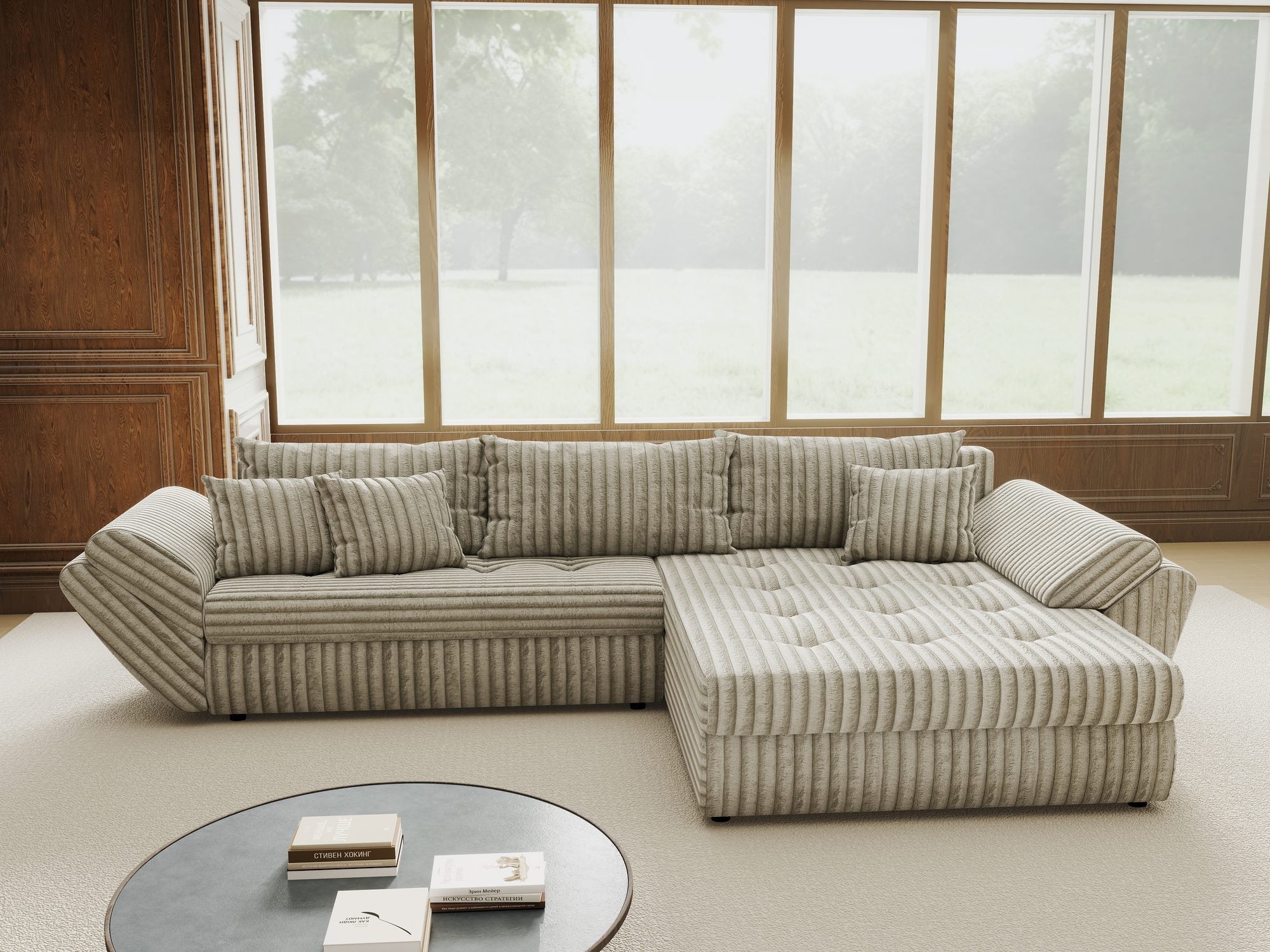 Colțar extensibil dumonde cu ladă de depozitare si sezut confortabil din spuma high-density, Loana Tilia Gri- bej II 270x185 cm