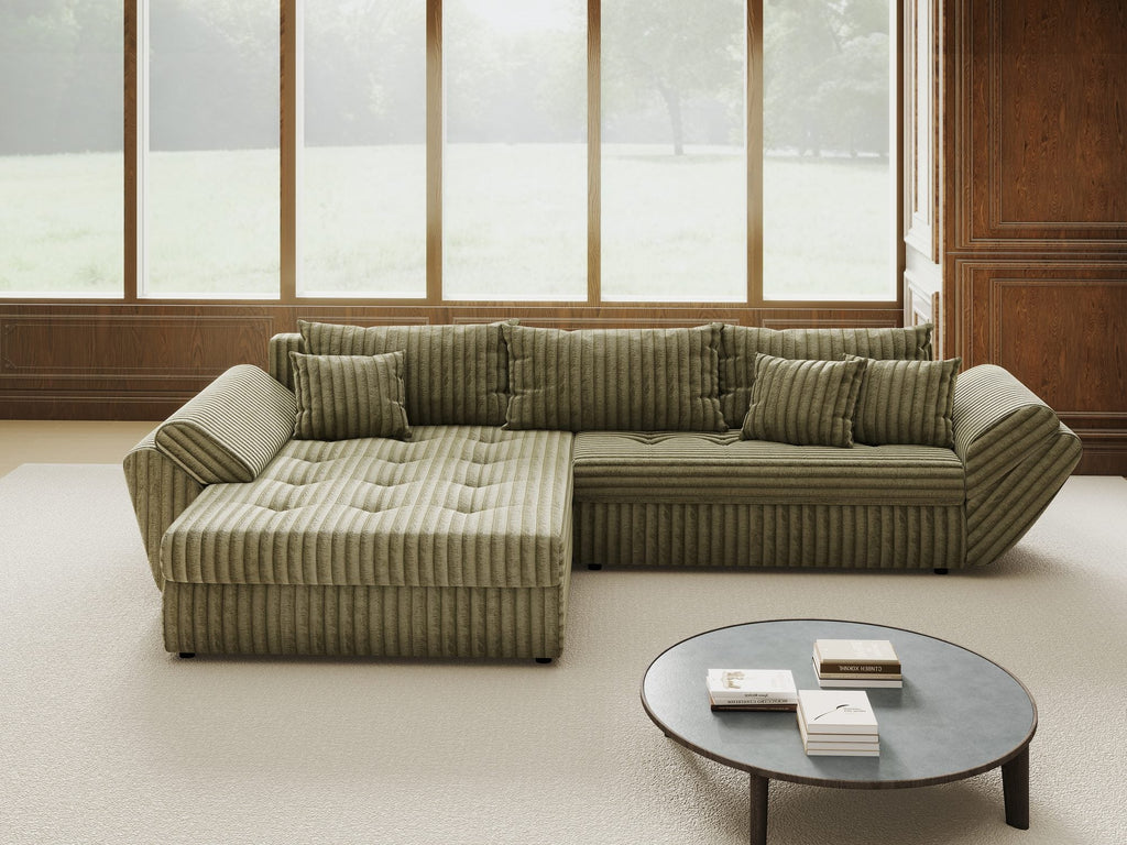 Colțar extensibil dumonde cu ladă de depozitare si sezut confortabil din spuma high-density, Loana Tilia Verde olive 270x185 cm