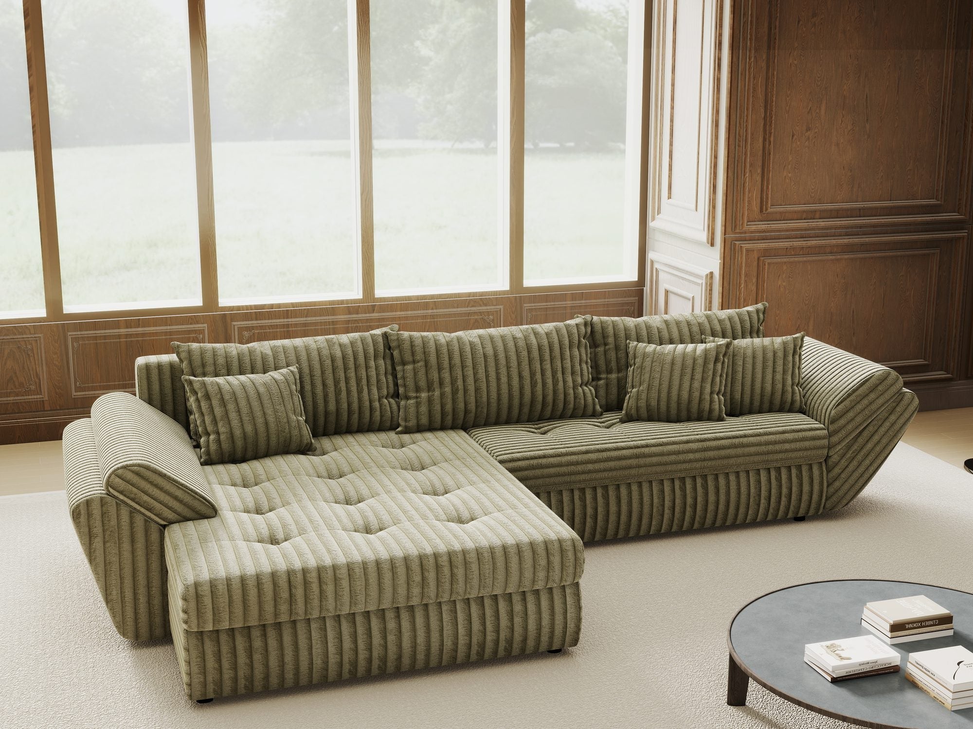 Colțar extensibil dumonde cu ladă de depozitare si sezut confortabil din spuma high-density, Loana Tilia Verde olive 270x185 cm