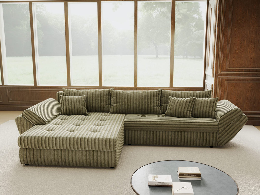 Colțar extensibil dumonde cu ladă de depozitare si sezut confortabil din spuma high-density, Loana Tilia Verde olive 270x185 cm
