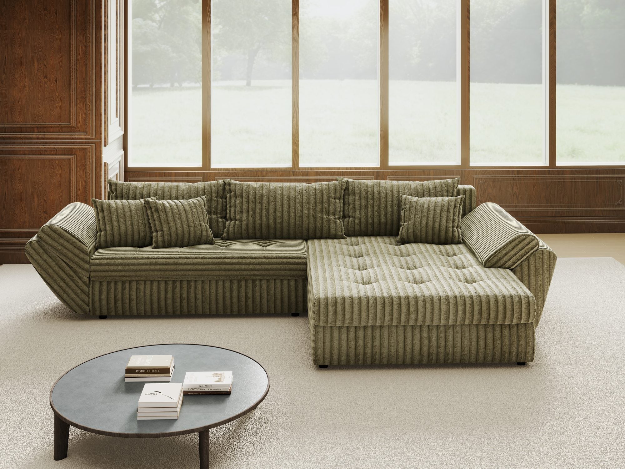 Colțar extensibil dumonde cu ladă de depozitare si sezut confortabil din spuma high-density, Loana Tilia Verde olive II 270x185 cm