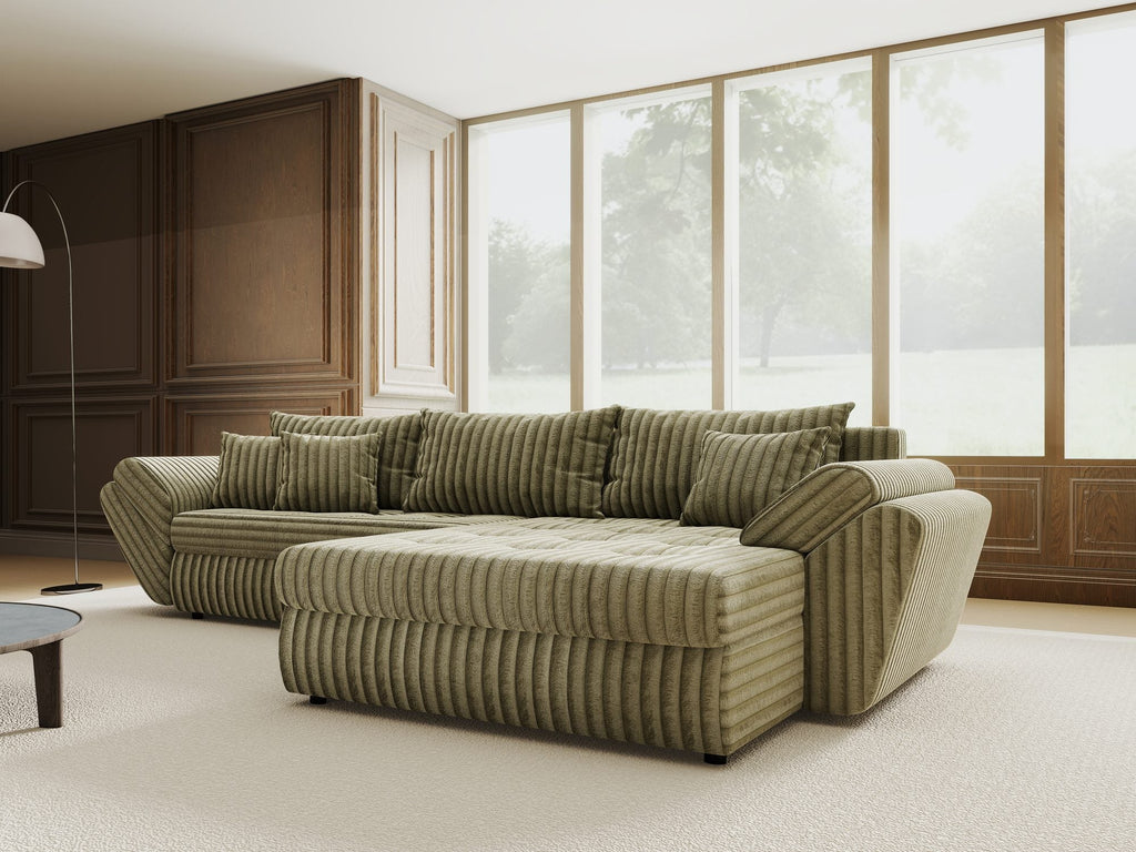 Colțar extensibil dumonde cu ladă de depozitare si sezut confortabil din spuma high-density, Loana Tilia Verde olive II 270x185 cm