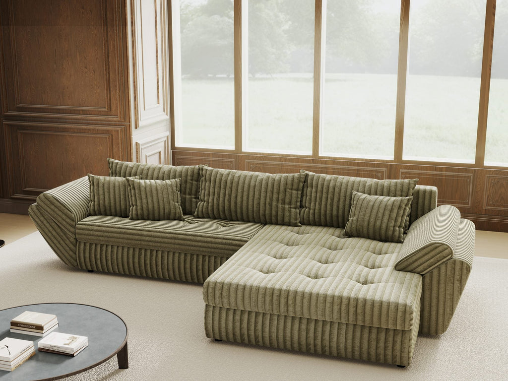 Colțar extensibil dumonde cu ladă de depozitare si sezut confortabil din spuma high-density, Loana Tilia Verde olive II 270x185 cm