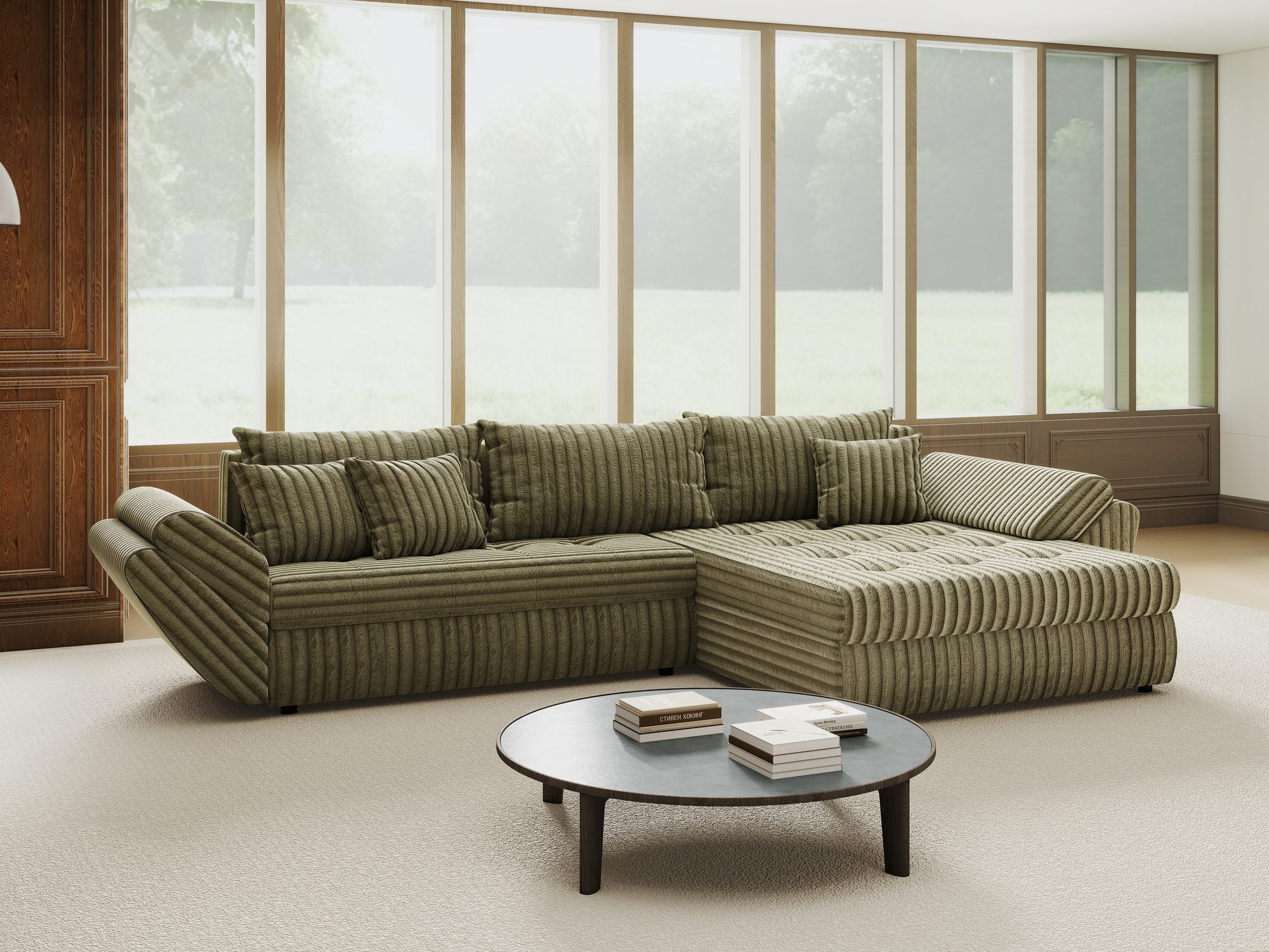 Colțar extensibil dumonde cu ladă de depozitare si sezut confortabil din spuma high-density, Loana Tilia Verde olive II 270x185 cm