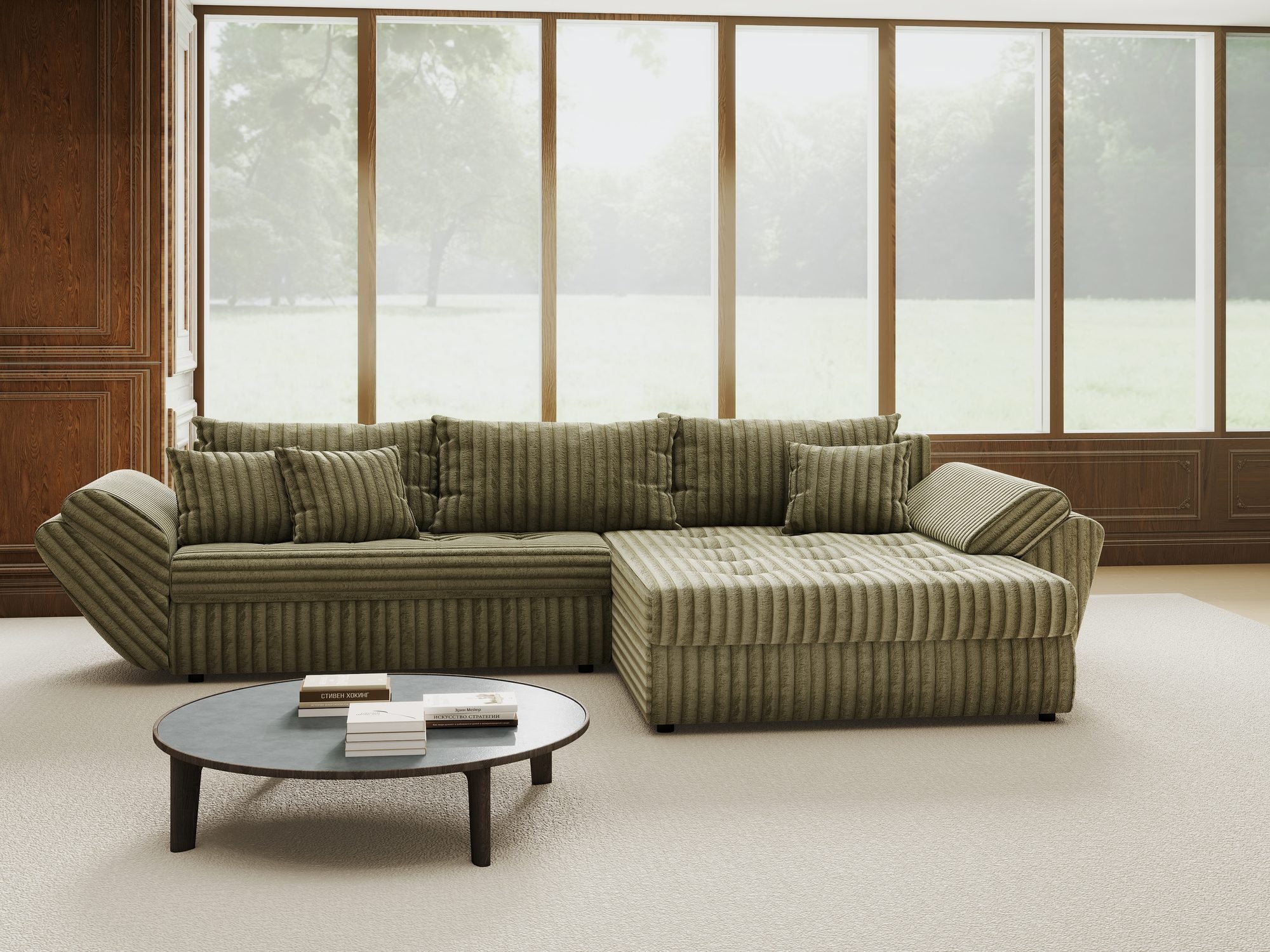 Colțar extensibil dumonde cu ladă de depozitare si sezut confortabil din spuma high-density, Loana Tilia Verde olive II 270x185 cm