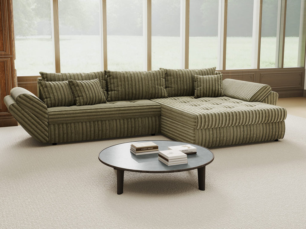 Colțar extensibil dumonde cu ladă de depozitare si sezut confortabil din spuma high-density, Loana Tilia Verde olive II 270x185 cm
