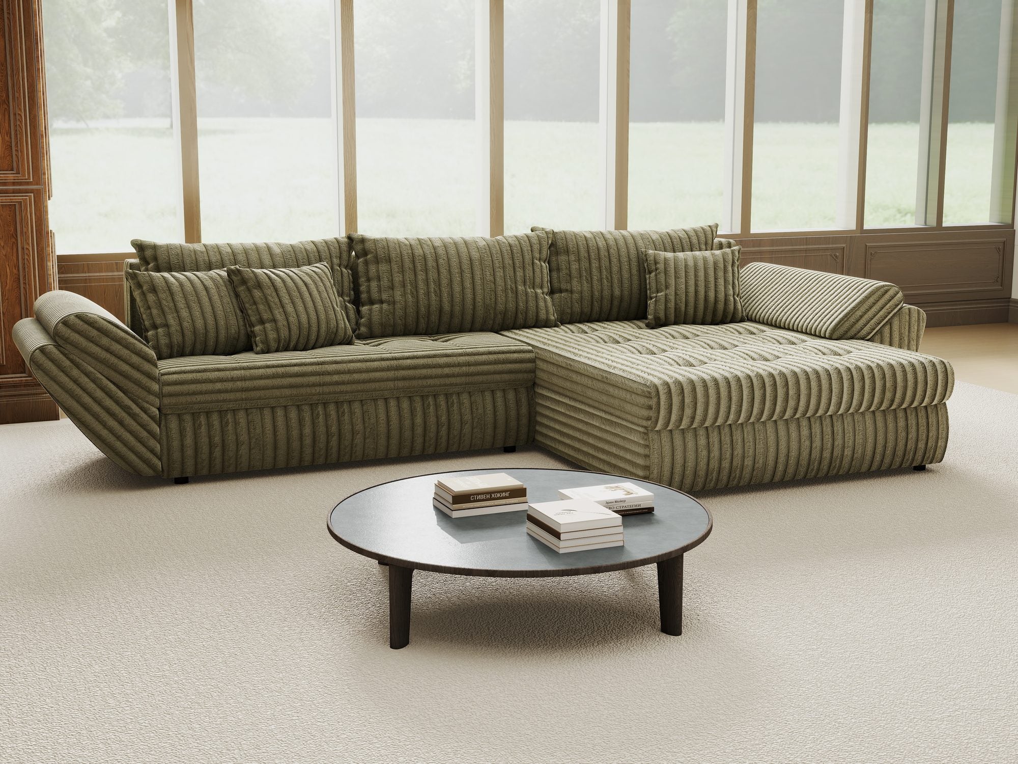 Colțar extensibil dumonde cu ladă de depozitare si sezut confortabil din spuma high-density, Loana Tilia Verde olive II 270x185 cm
