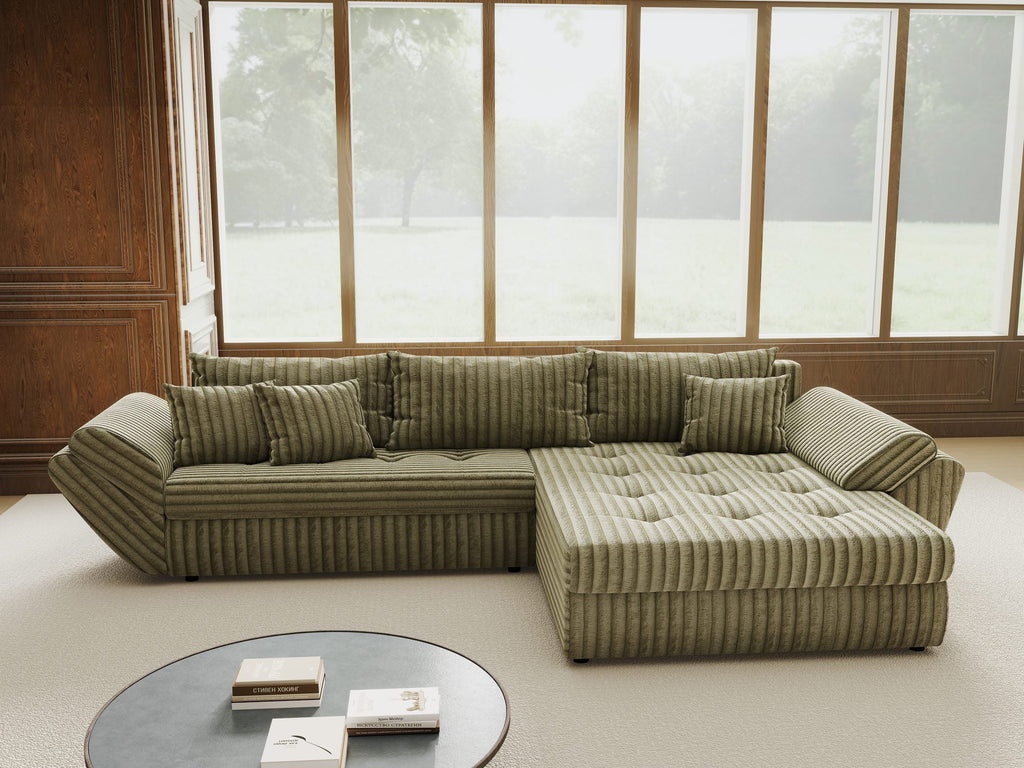 Colțar extensibil dumonde cu ladă de depozitare si sezut confortabil din spuma high-density, Loana Tilia Verde olive II 270x185 cm