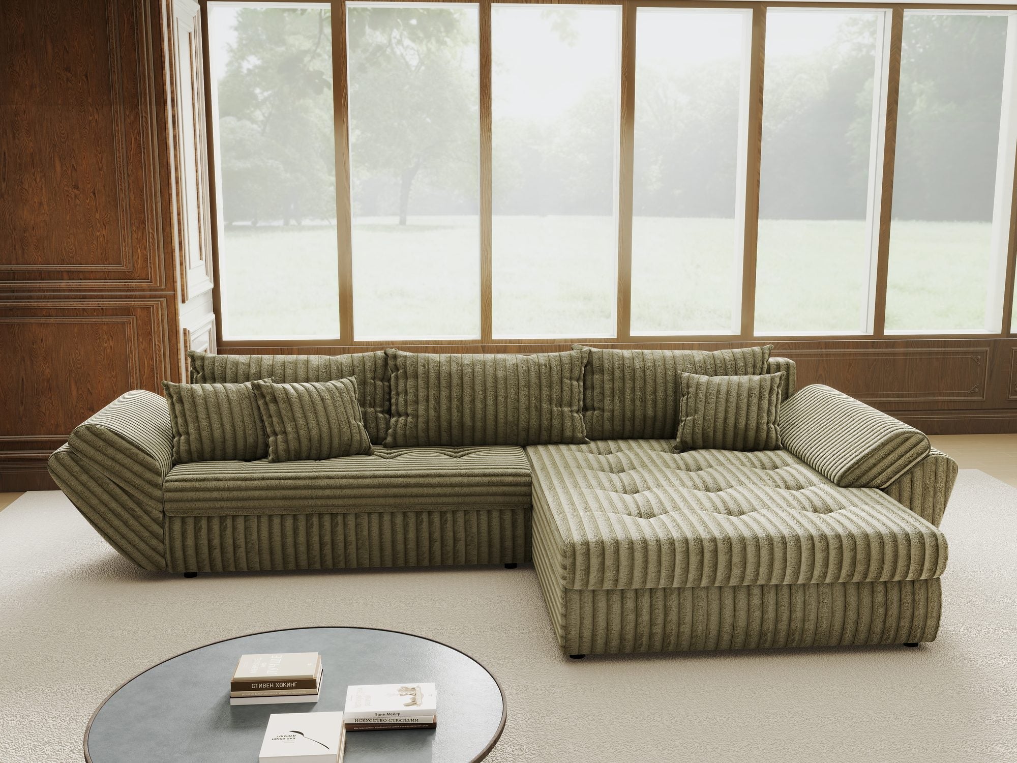 Colțar extensibil dumonde cu ladă de depozitare si sezut confortabil din spuma high-density, Loana Tilia Verde olive II 270x185 cm