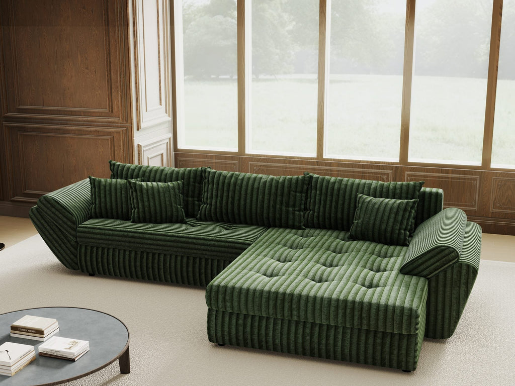 Colțar extensibil dumonde cu ladă de depozitare si sezut confortabil din spuma high-density, Loana Tilia Verde II 270x185 cm
