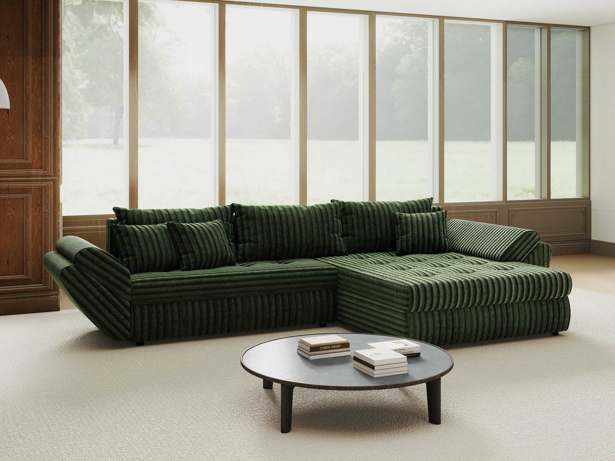 Colțar extensibil dumonde cu ladă de depozitare si sezut confortabil din spuma high-density, Loana Tilia Verde II 270x185 cm