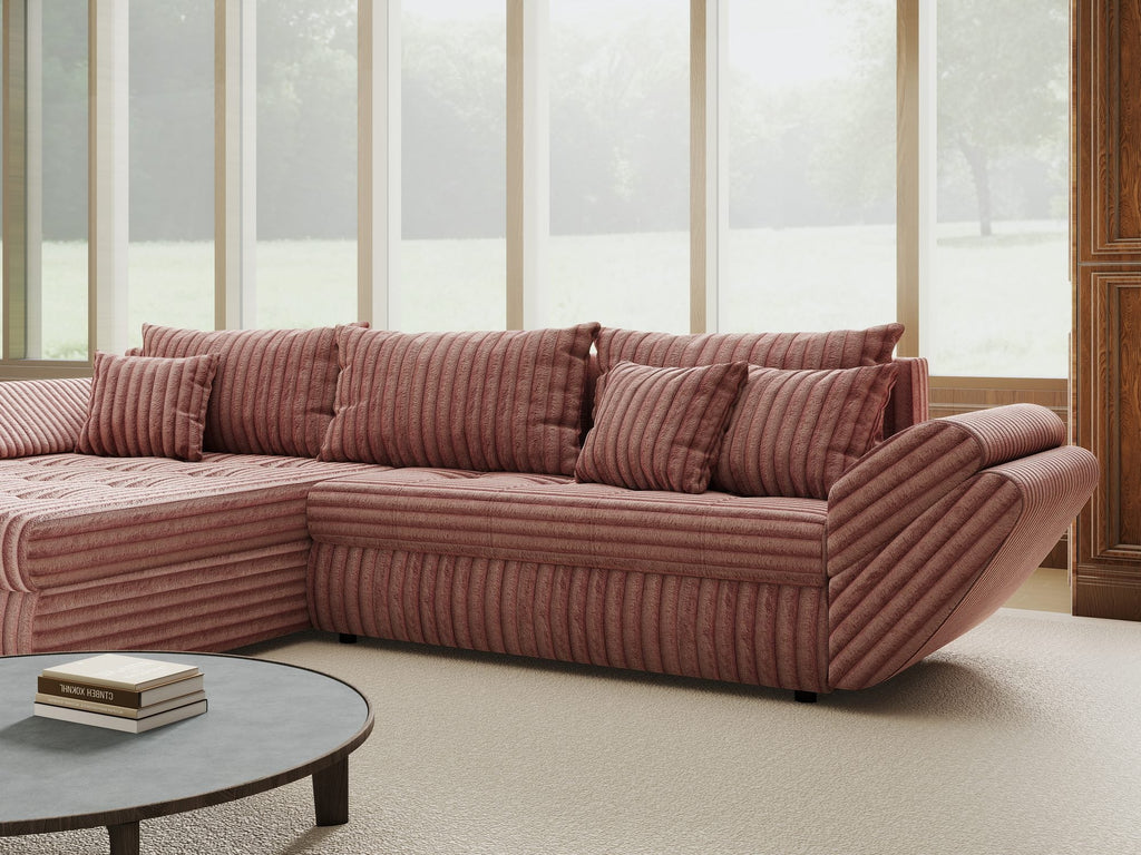 Colțar extensibil dumonde cu ladă de depozitare si sezut confortabil din spuma high-density, Loana Tilia Roz pudrat 270x185 cm