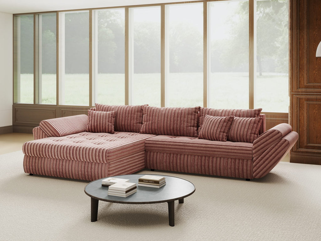 Colțar extensibil dumonde cu ladă de depozitare si sezut confortabil din spuma high-density, Loana Tilia Roz pudrat 270x185 cm