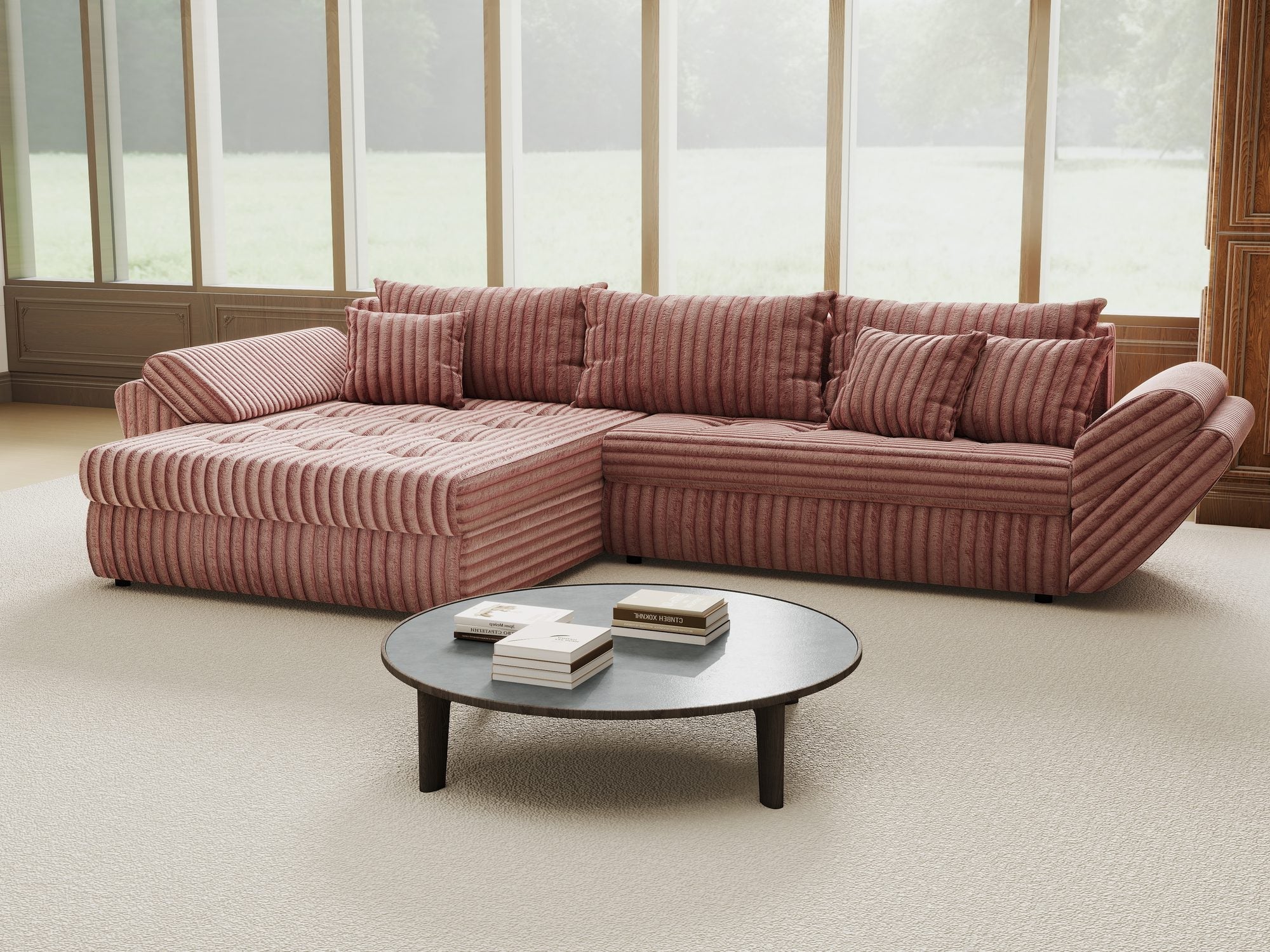 Colțar extensibil dumonde cu ladă de depozitare si sezut confortabil din spuma high-density, Loana Tilia Roz pudrat 270x185 cm