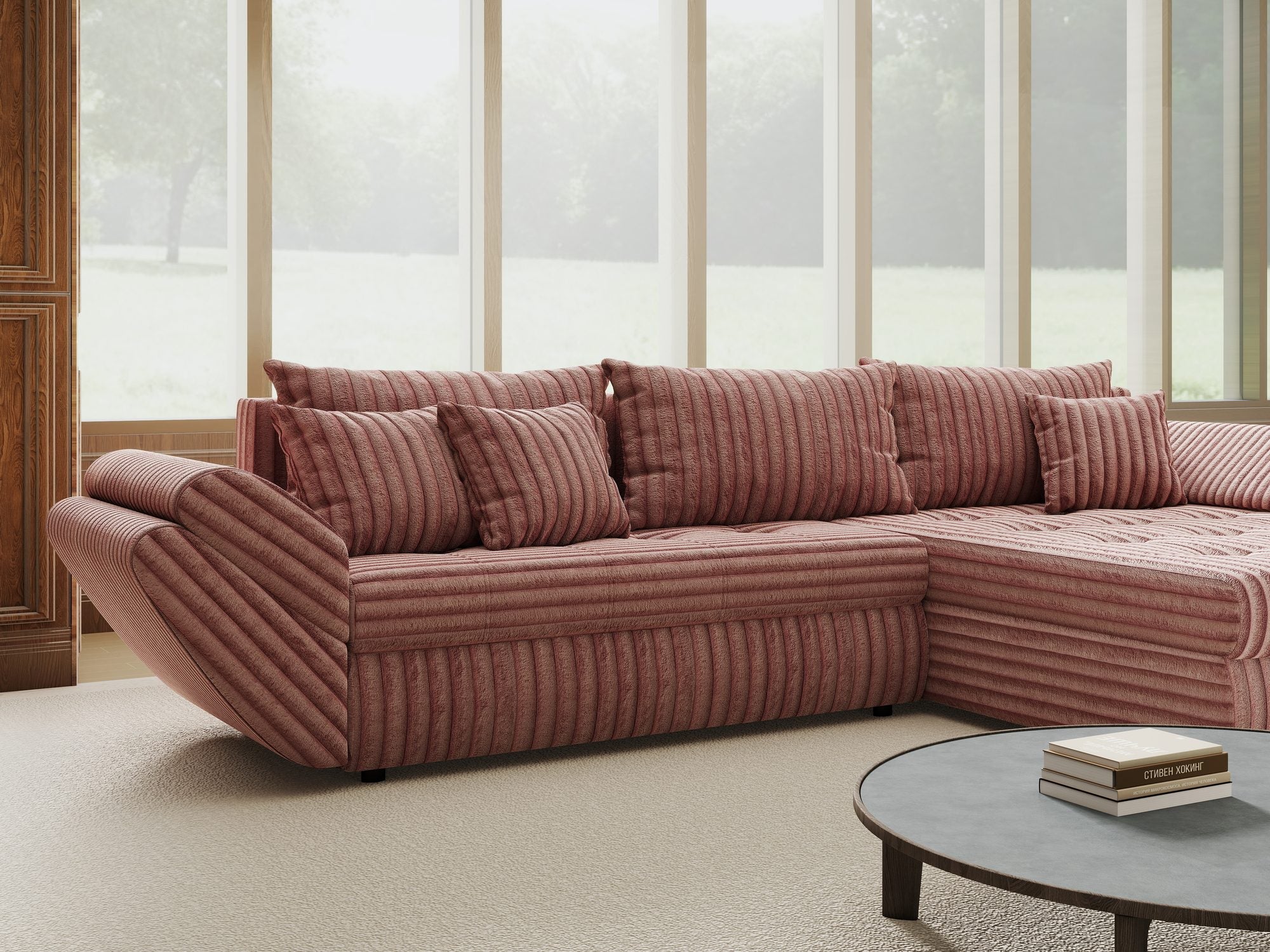 Colțar extensibil dumonde cu ladă de depozitare si sezut confortabil din spuma high-density, Loana Tilia Roz pudrat II 270x185 cm