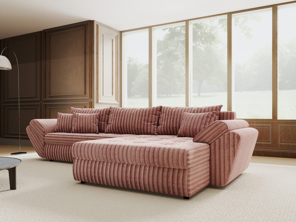 Colțar extensibil dumonde cu ladă de depozitare si sezut confortabil din spuma high-density, Loana Tilia Roz pudrat II 270x185 cm