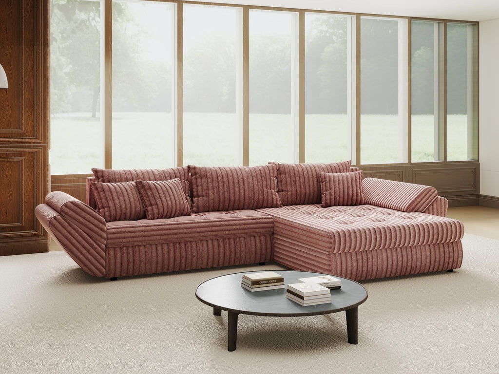 Colțar extensibil dumonde cu ladă de depozitare si sezut confortabil din spuma high-density, Loana Tilia Roz pudrat II 270x185 cm