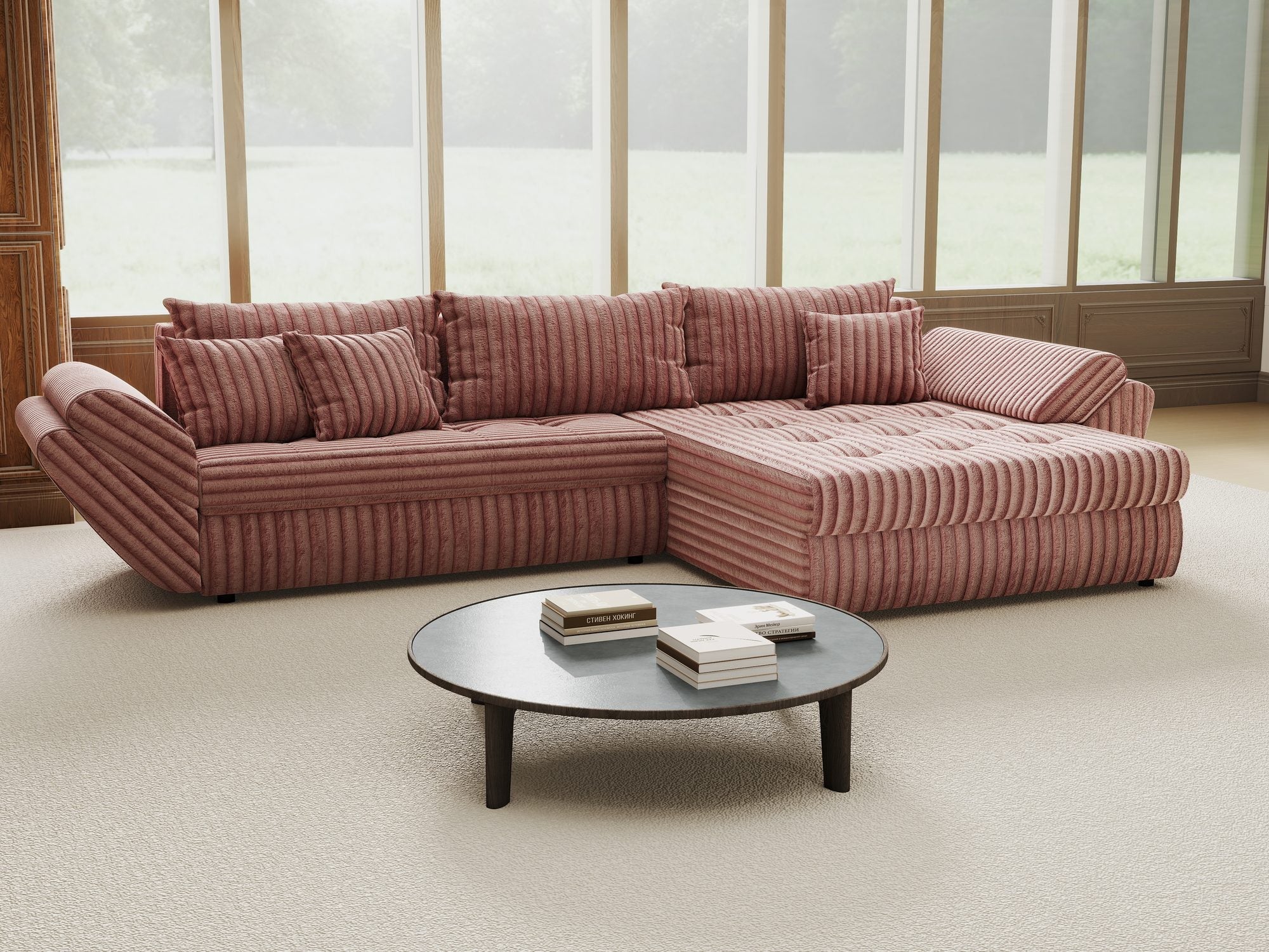 Colțar extensibil dumonde cu ladă de depozitare si sezut confortabil din spuma high-density, Loana Tilia Roz pudrat II 270x185 cm
