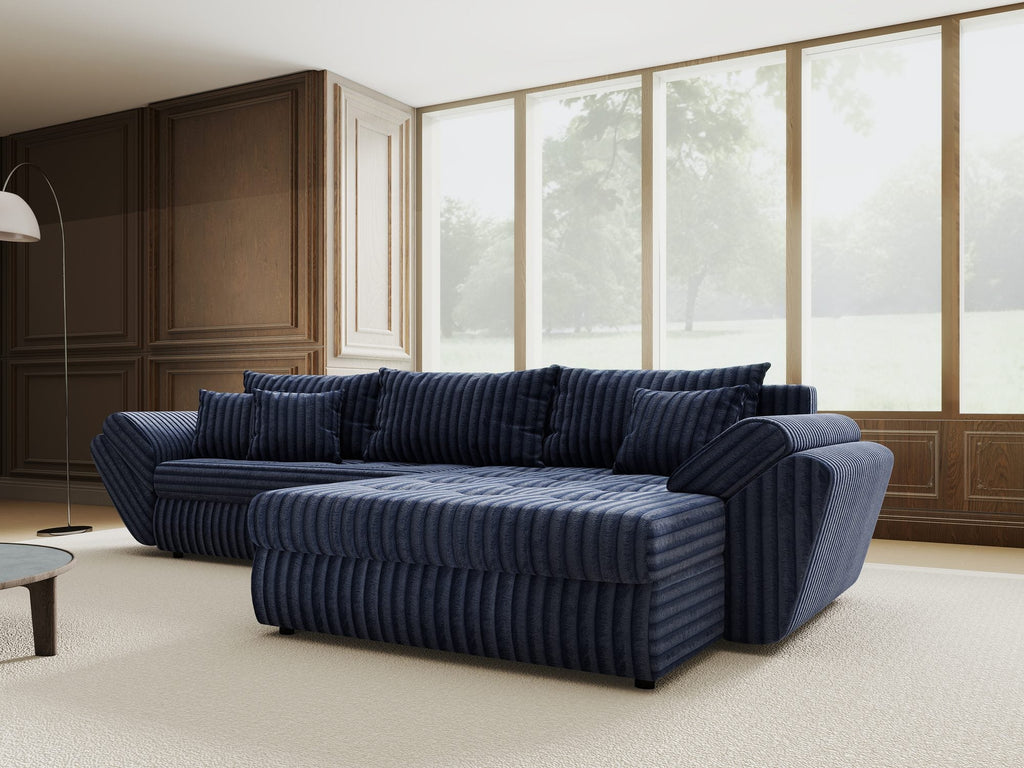 Colțar extensibil dumonde cu ladă de depozitare si sezut confortabil din spuma high-density, Loana Tilia Albastru II 270x185 cm