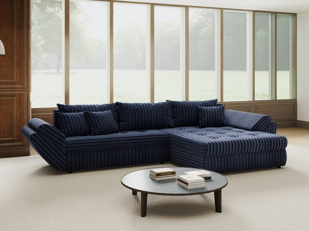 Colțar extensibil dumonde cu ladă de depozitare si sezut confortabil din spuma high-density, Loana Tilia Albastru II 270x185 cm